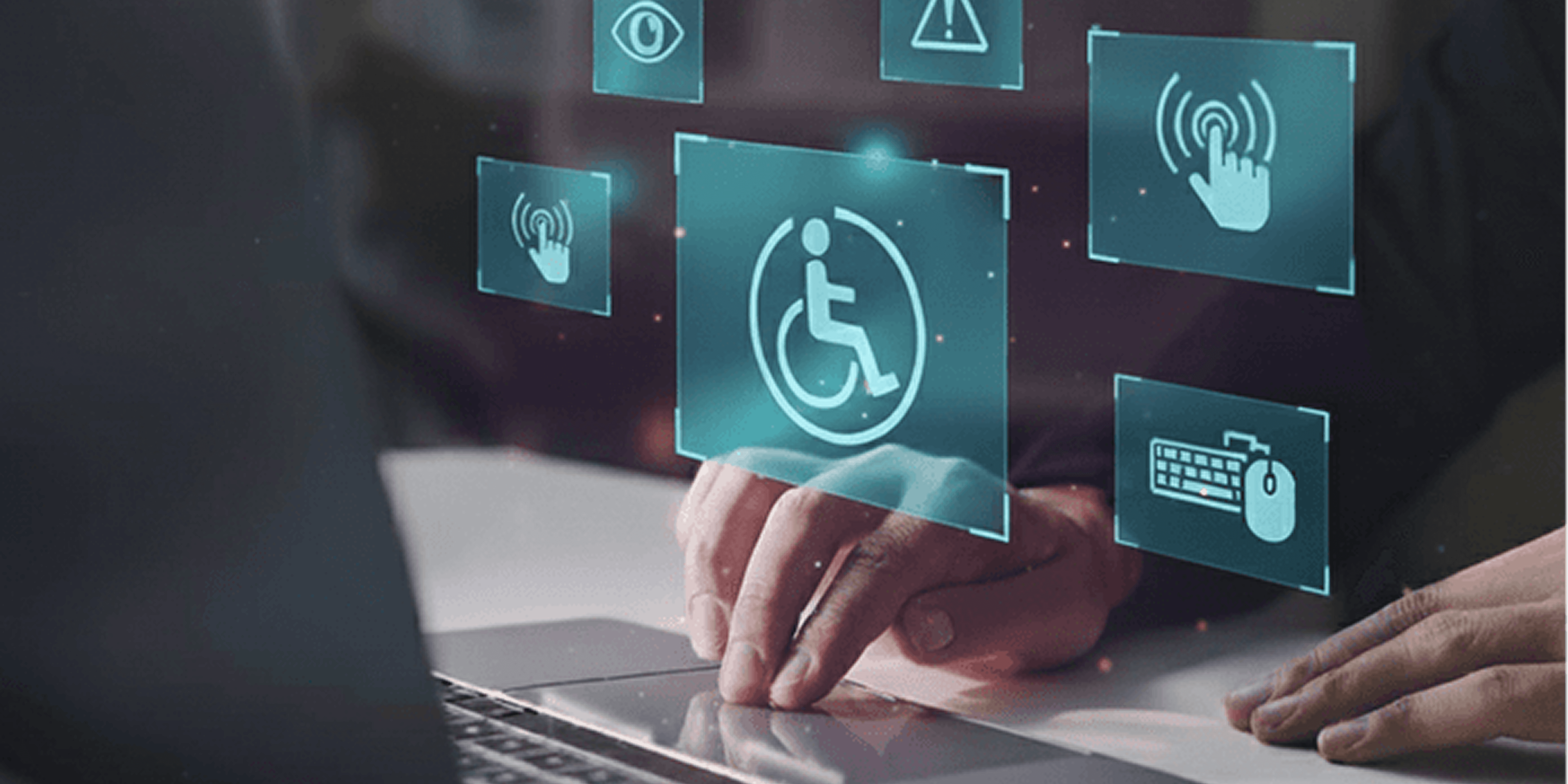 Person typing on a laptop with digital accessibility icons overlaid, including wheelchair access, visual assistance, hearing support and touch interaction symbols