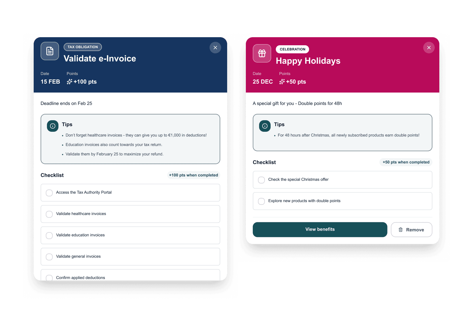 User interface showing two loyalty program cards. One card prompts users to validate tax invoices to earn points, while the other promotes a holiday campaign offering double points for completing actions. Both include tips, checklists, and reward points.