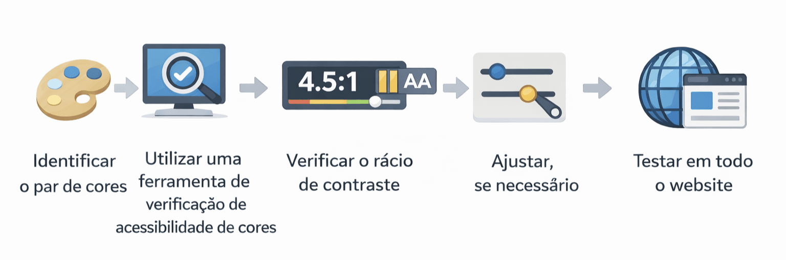 Infografia que apresenta o processo de validação da acessibilidade de cores: identificação de pares de cores, utilização de uma ferramenta de verificação de contraste, confirmação da proporção 4,5:1, ajustes se necessário e teste final no website
